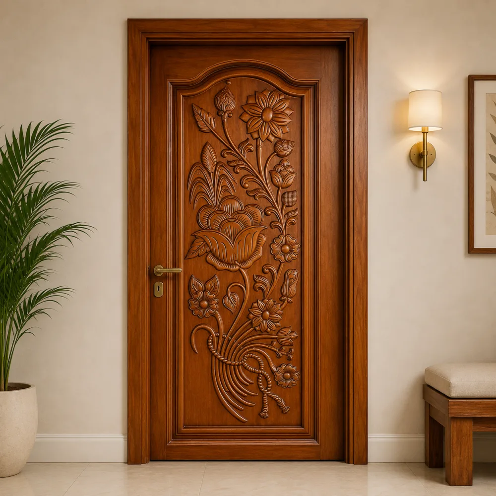 Wooden Carved Floral Door CP Segun (Premium Teak Wood) — New Priyatama Furniture