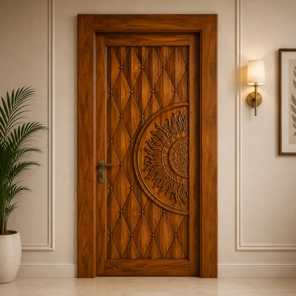 Wooden Carved Sunburst Barfi Door CP Segun (Premium Teak Wood) — New Priyatama Furniture