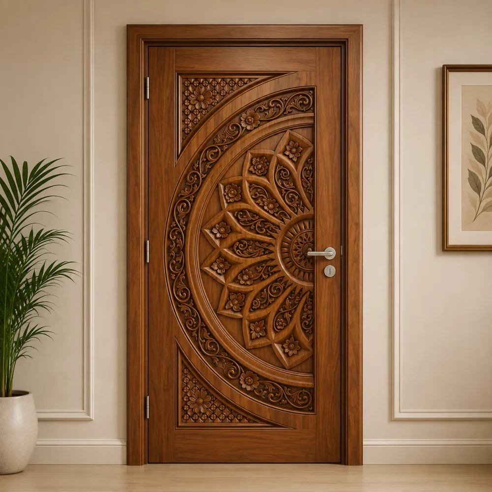 Wooden Carved Sunburst Floral Door CP Segun (Premium Teak Wood) — New Priyatama Furniture