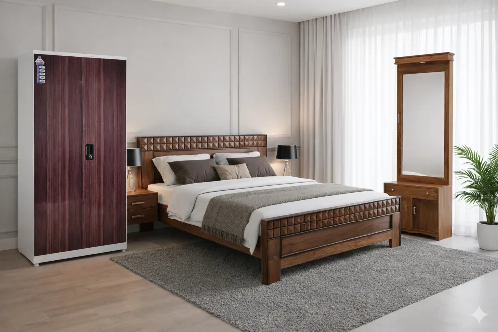 Bedroom Set Package-1 ( CP Segun 6x7 Box Bed  + 2 Door Steel Almirah + CP Segun Dressing Table + Mattress )