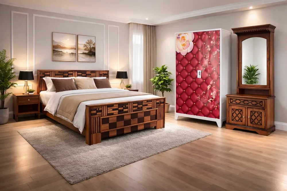 Bedroom Set Package-2 ( CP Segun 6x7 Box Bed  + 2 Door Steel Almirah + CP Segun Dressing Table + Mattress )
