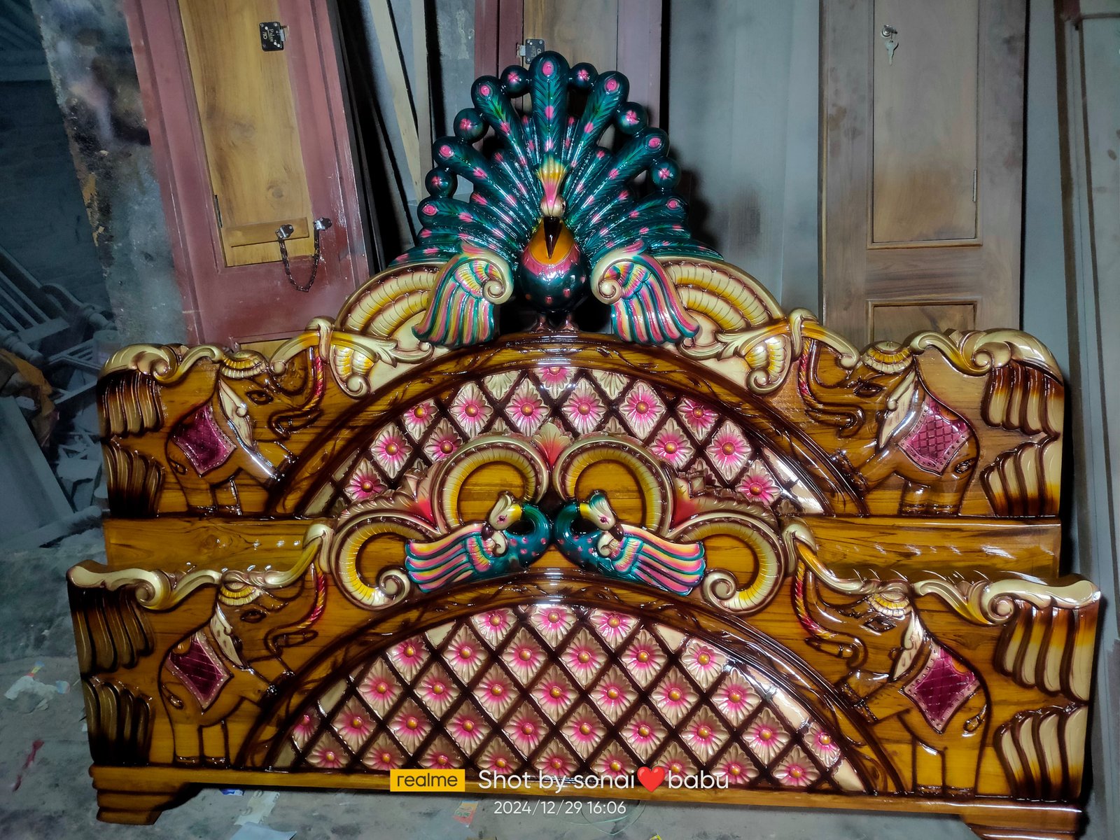 Hand-carved teak wood bed detail — Howrah workshop